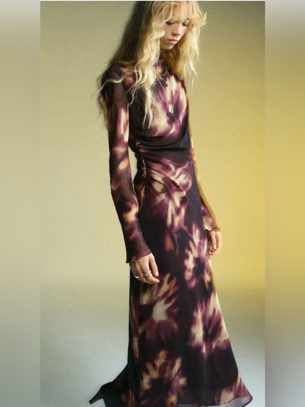 Mango Mesh Tie Dye Midi Dress Brown Ruched Long Sleeve Size 6 NWT